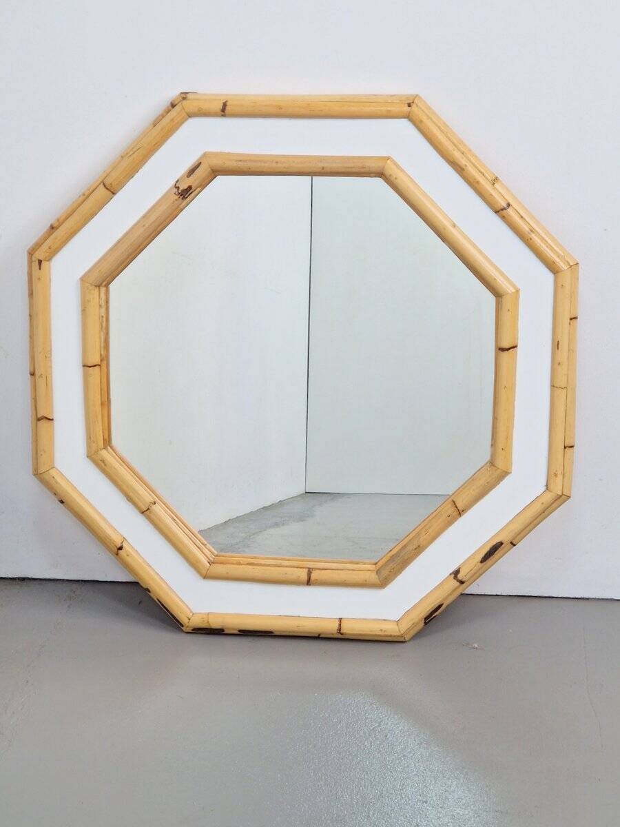 Vintage Octagonal Wall Mirror in Bamboo, Italy, 1960s