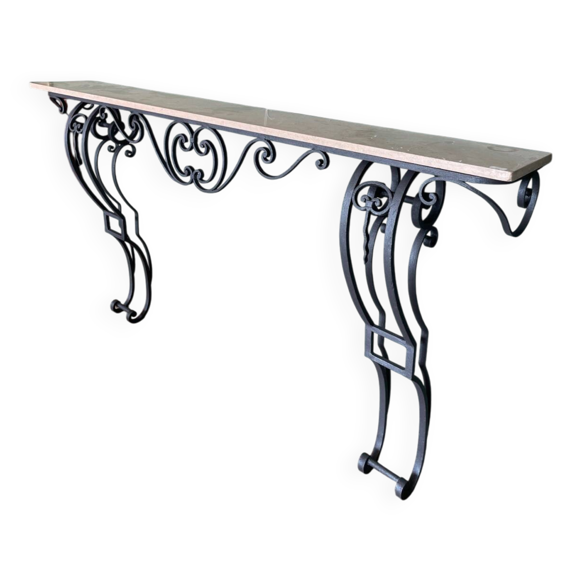 Black wrought iron & beige marble console table