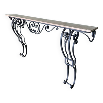 Black wrought iron & beige marble console table