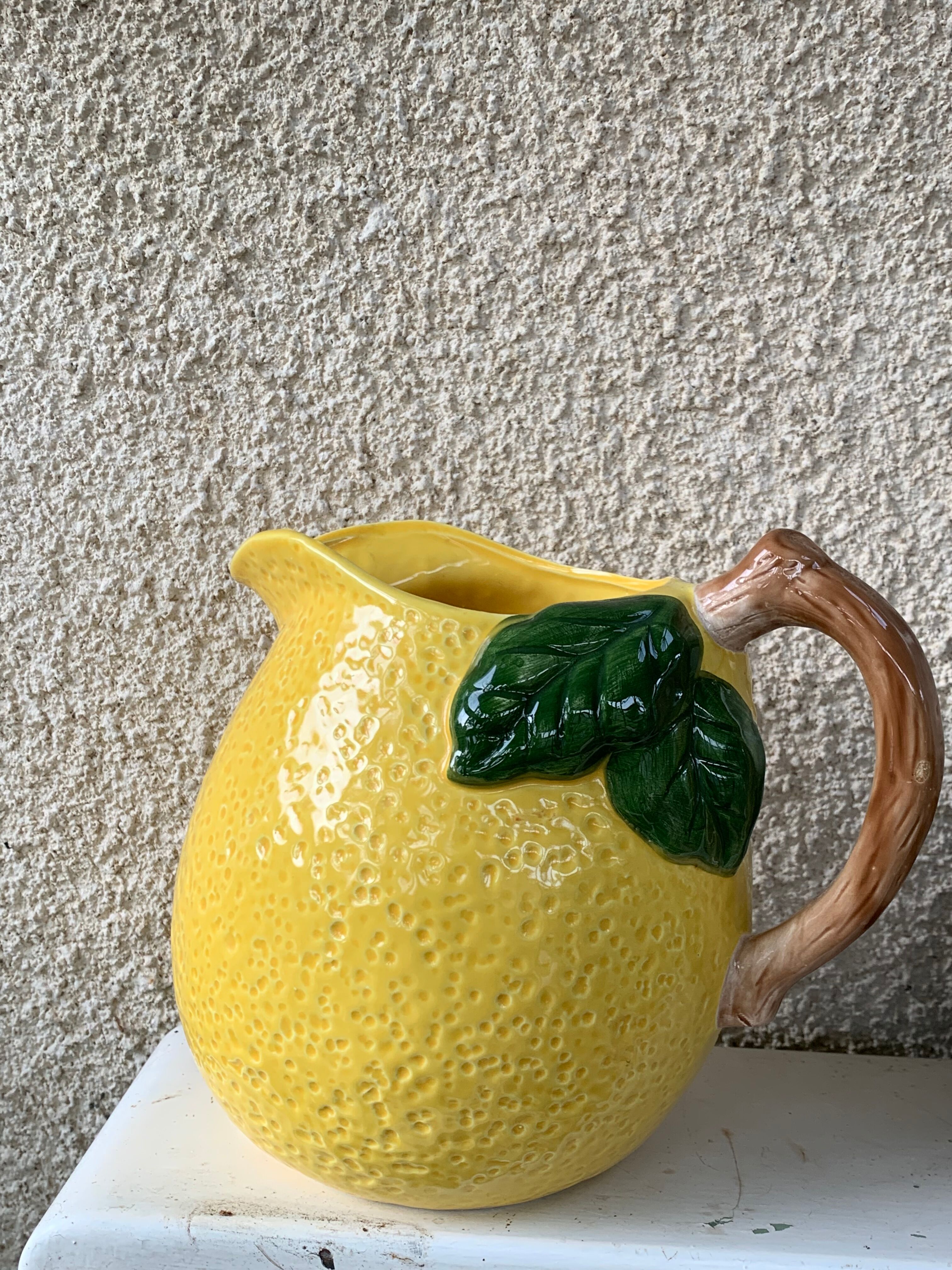 Lemon pitcher in ceramic slurry glazed yellow and green vintage