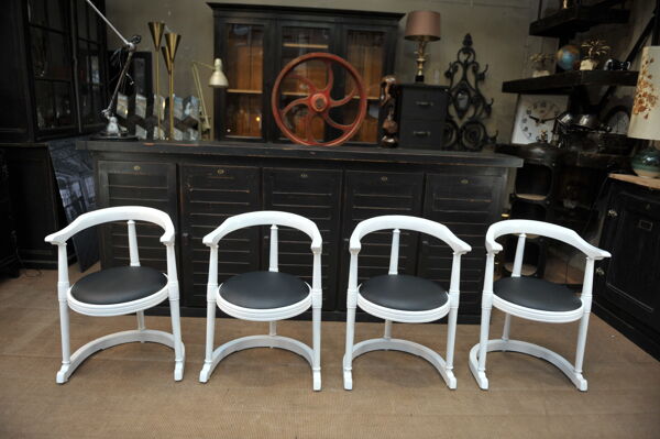 Lot De 4 Chaises fauteuils En Bois Courbé 1960 Assise En cuir