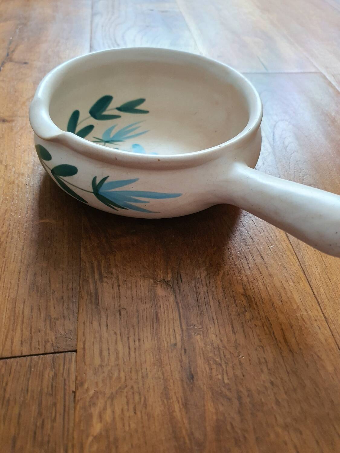 Vintage fondue pot, Marais pottery, hand-painted blue floral decoration