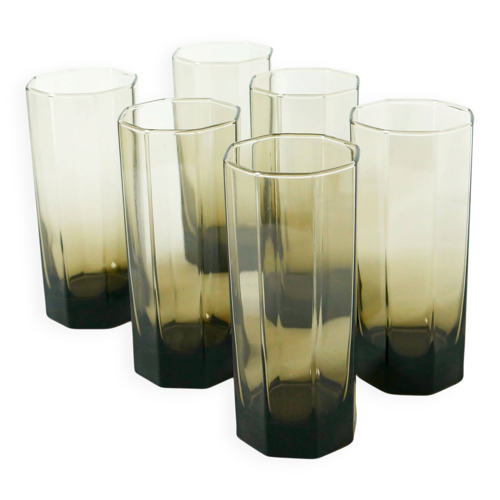 Set of 6 octagonal Long Drink glasses, smoked glass, design, 1970 - 15