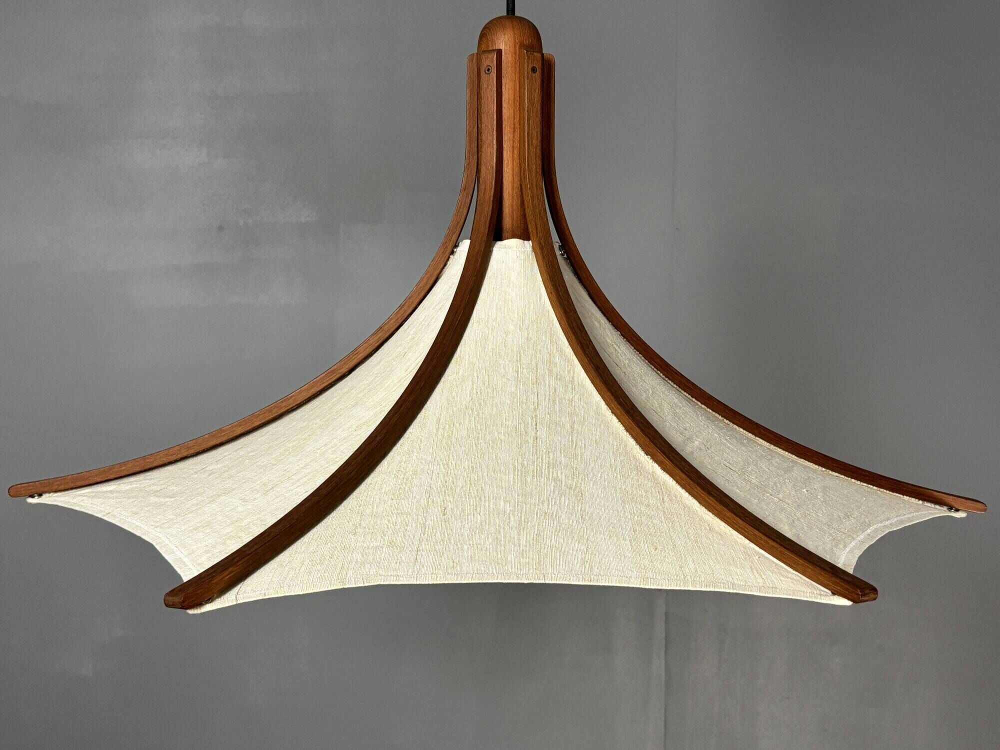 Teak And Linen Umbrella Counter Balance Pendant By Domus, 1970s