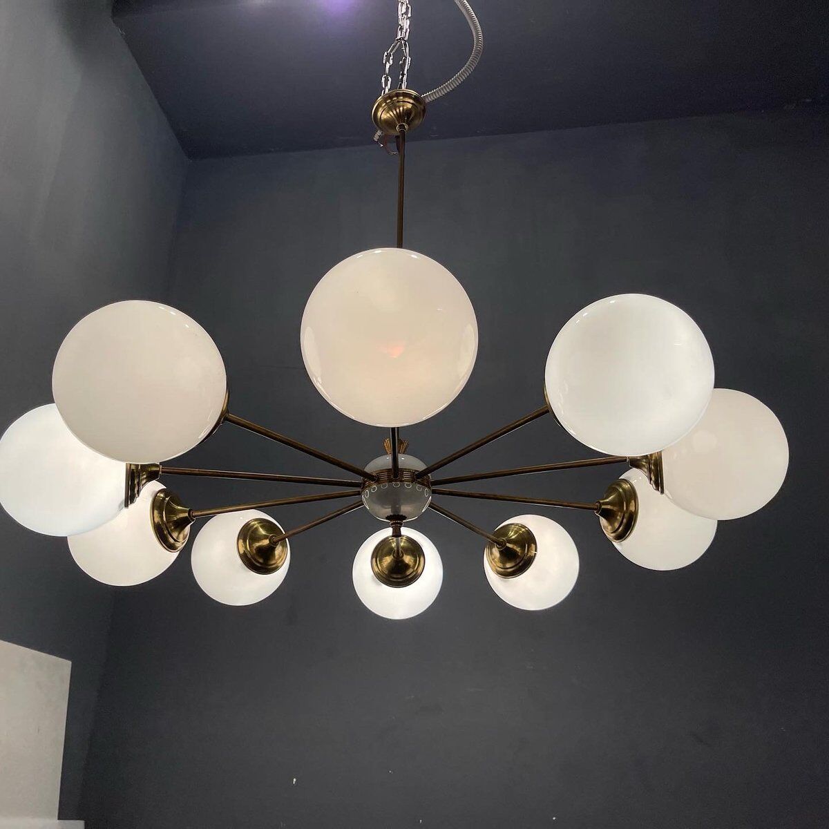 Opaline glass sputnik chandelier with 10 lights, 1960s