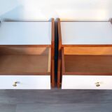Pair of bedside tables, mahogany, white laminate and brass, 1970