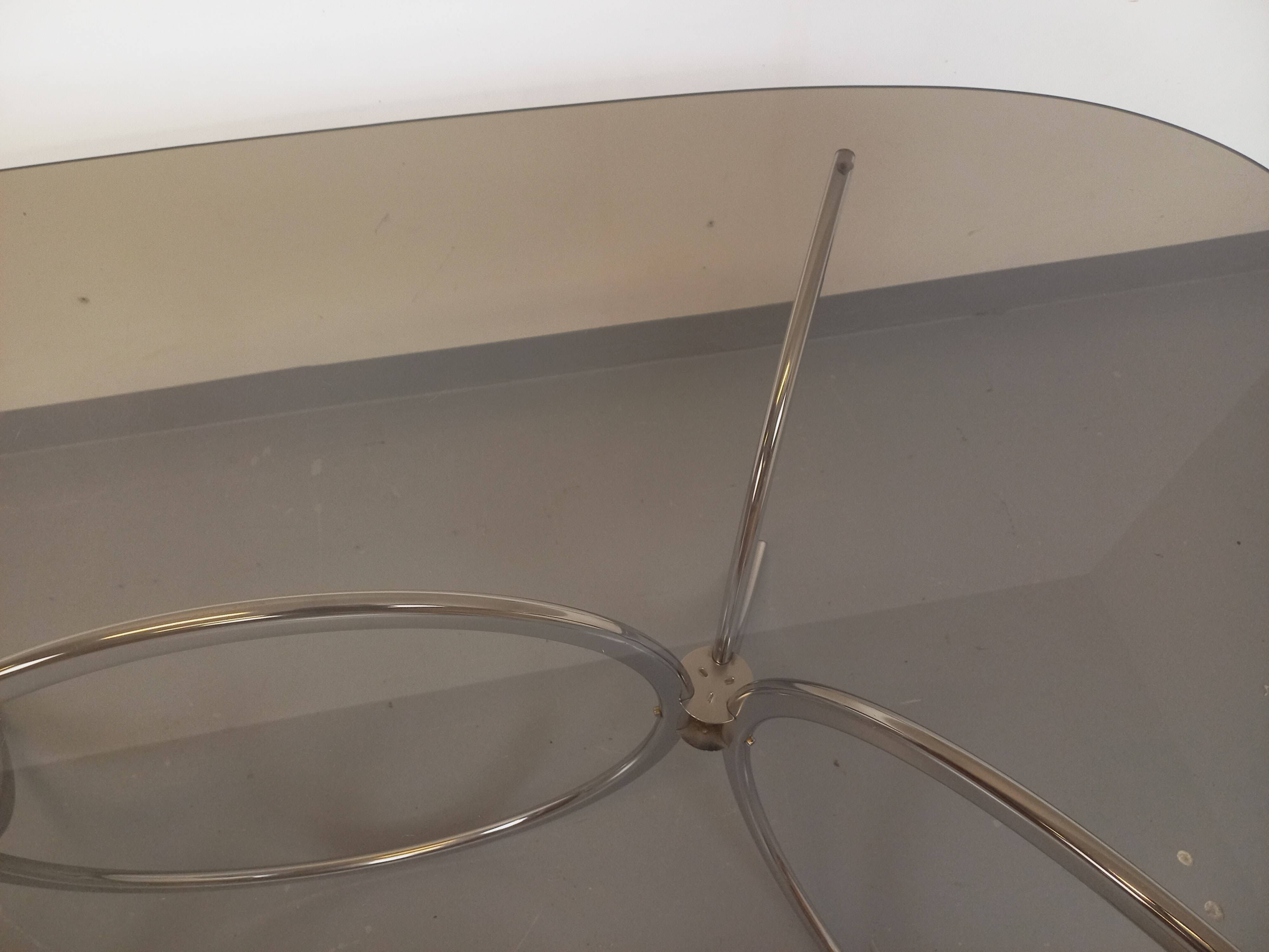 Vintage rectangular rounded dining table in smoked glass and chrome metal