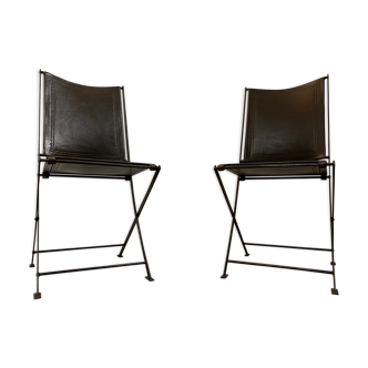 Chaises pliantes en fer forgé et cuir vintage 1950s