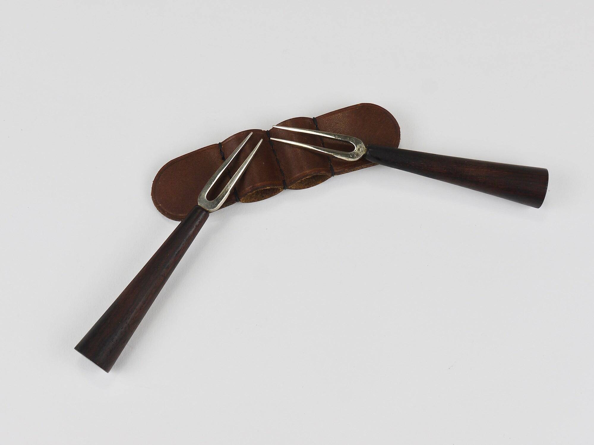 Carl Aubock Forks, Brass, Leather Holder, Corn Cob Skewers, Vienna, 1930s