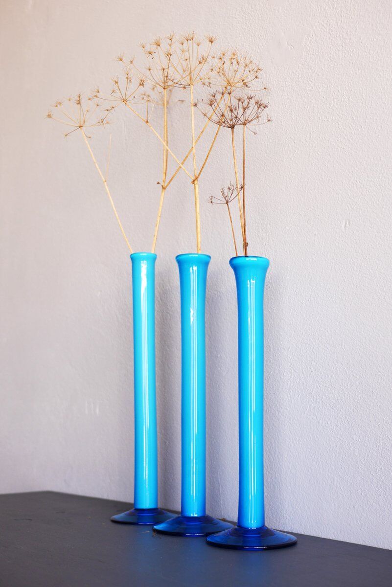 Vintage tall handblown orchid vases in azure blue by Artur Percy for Gullaskruf, 1970s, set of 3