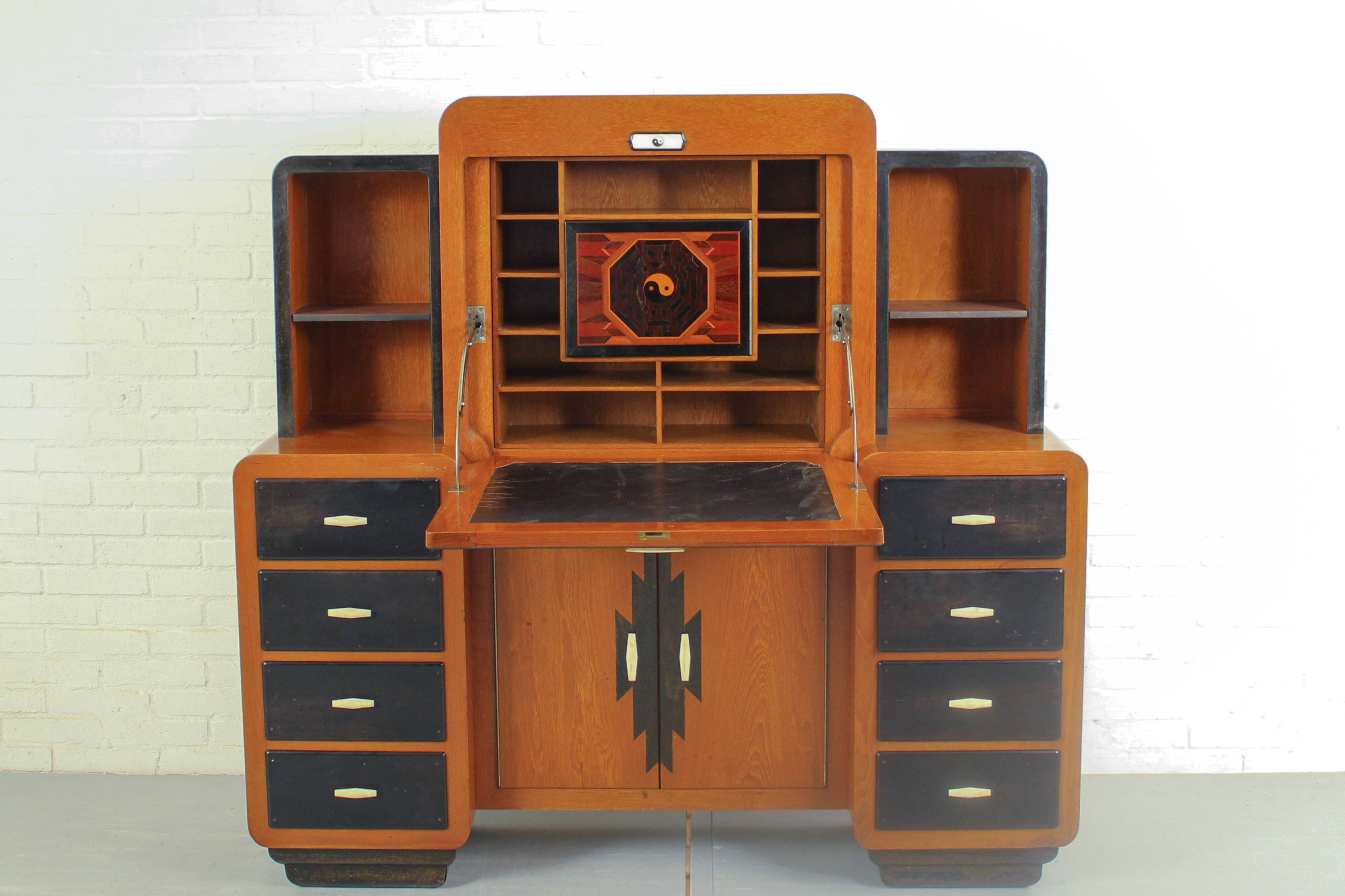 Solid high quality teak art deco secretaire by Gerson’s furniture store, produced in Bangkok, 1930s