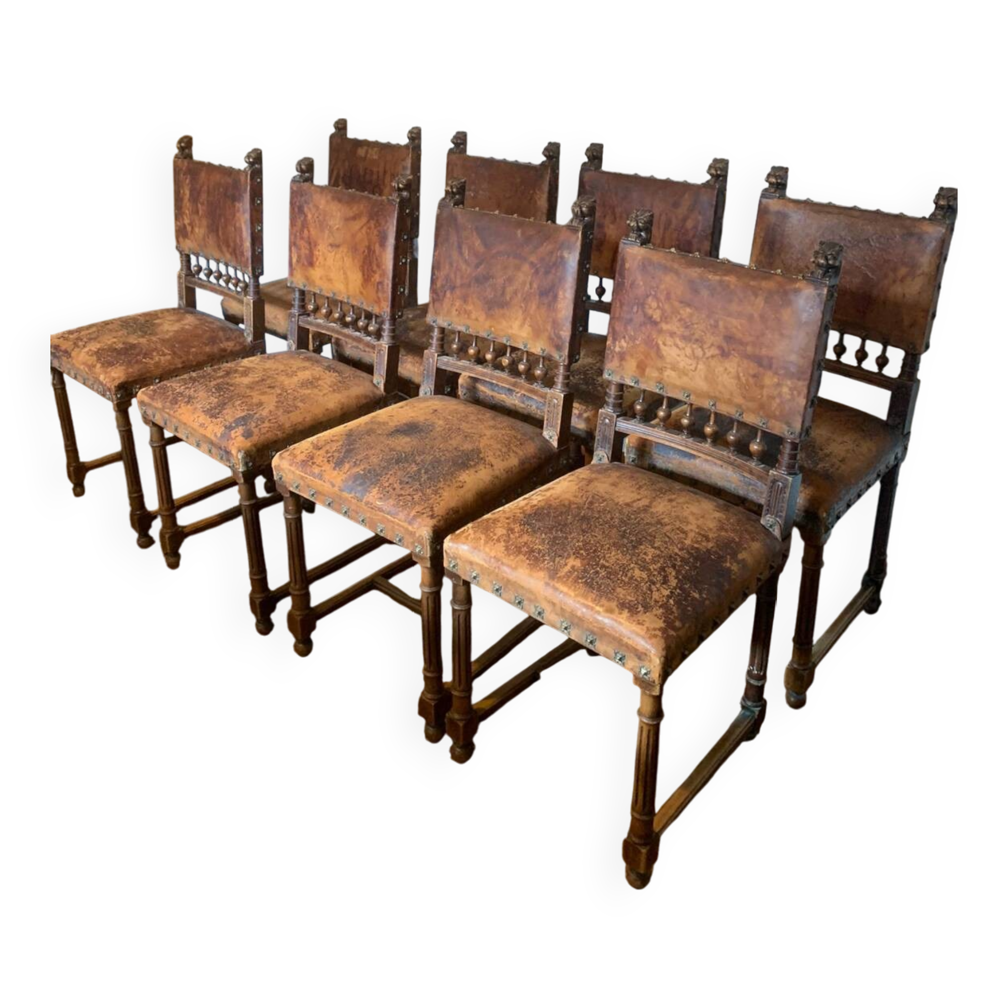 Lot de 8 Chaises de Salle à Manger Lion Henry II en noyer et Cuir de 1880