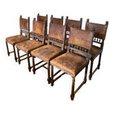Set of 8 Lion Henry II Walnut and Leather Dining Chairs from 1880