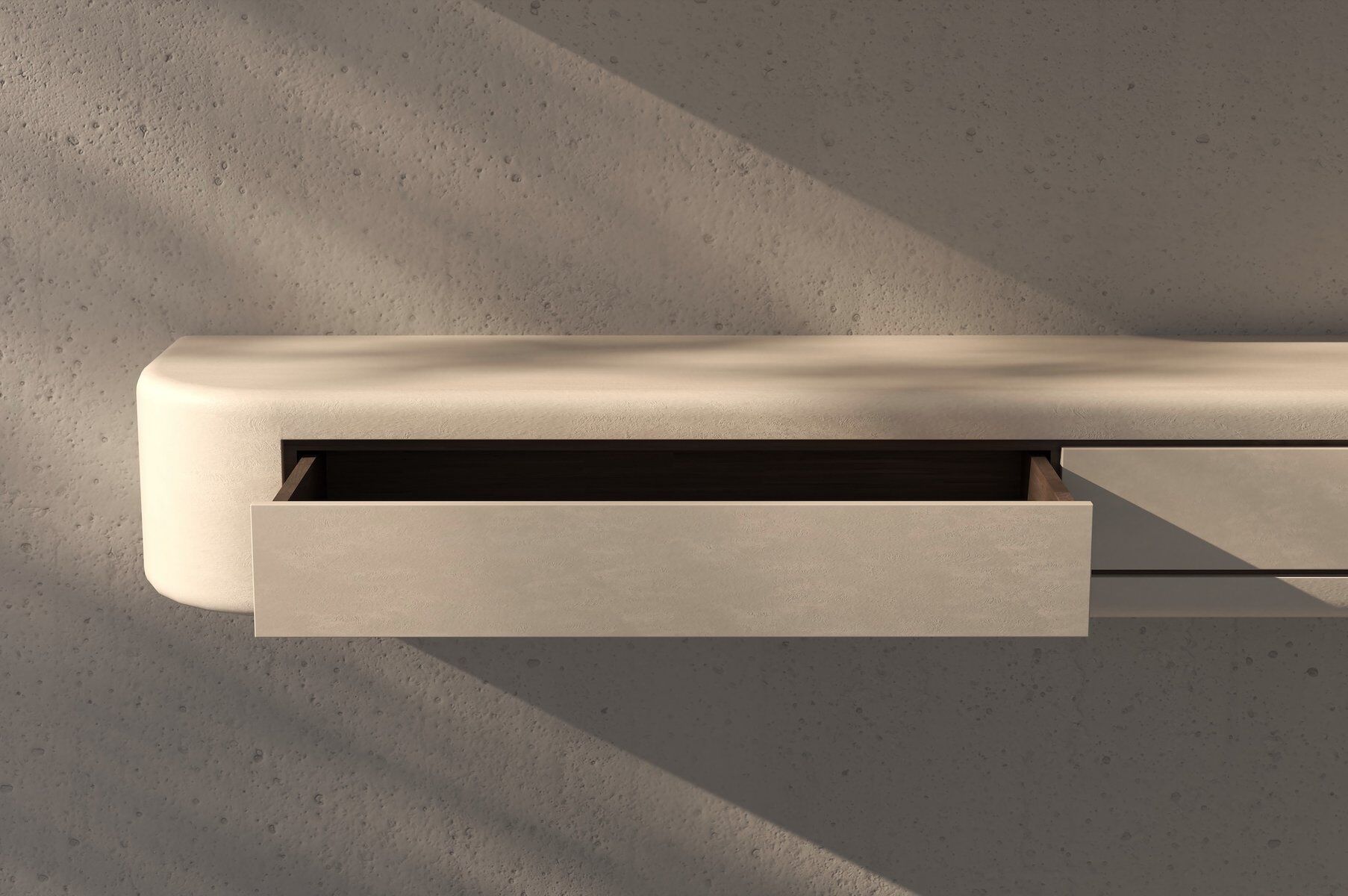 Contemporary Handmade Textured Plaster Floating Drawer with Walnut Interior