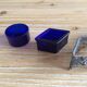 Salt shaker /pepper shaker and accessories in silver metal and blue glass compartment