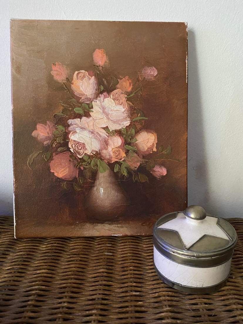 Painting on canvas pinks in a vase.
