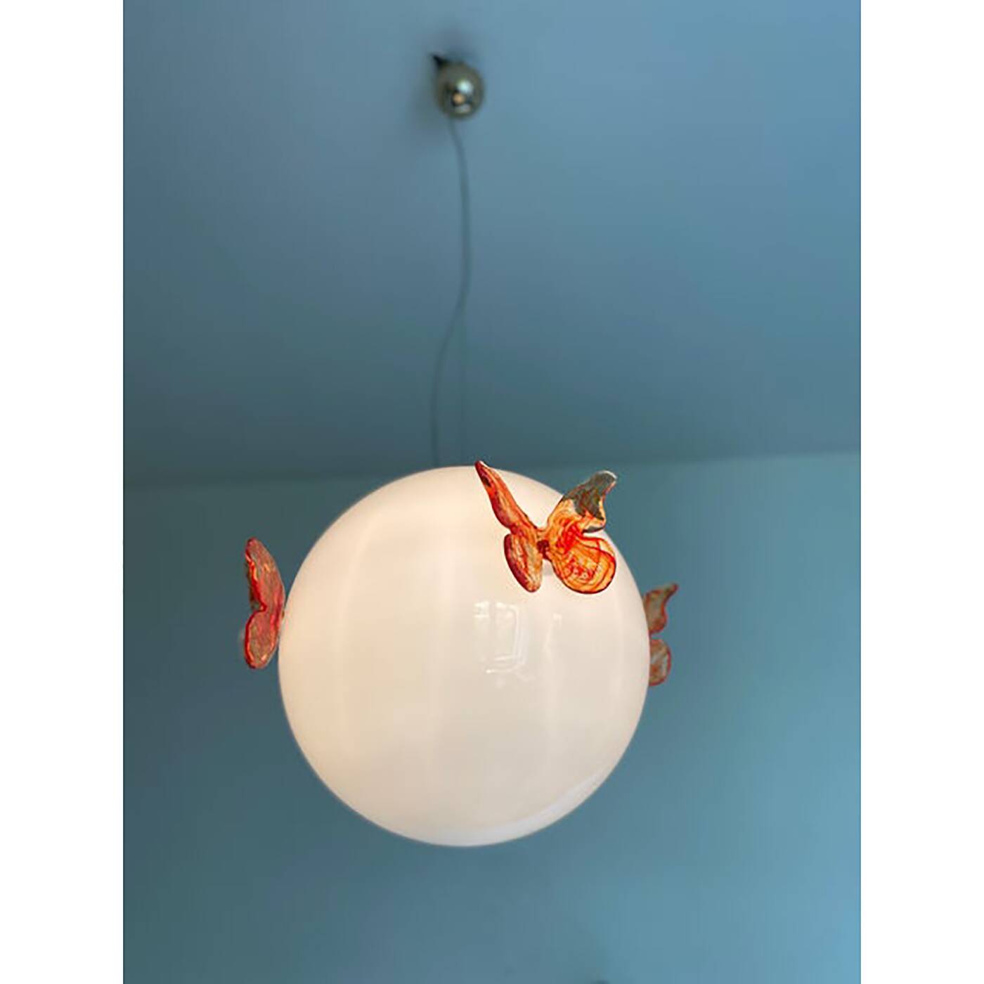 Italian Glass Opalino Pendant With Red Butterfly