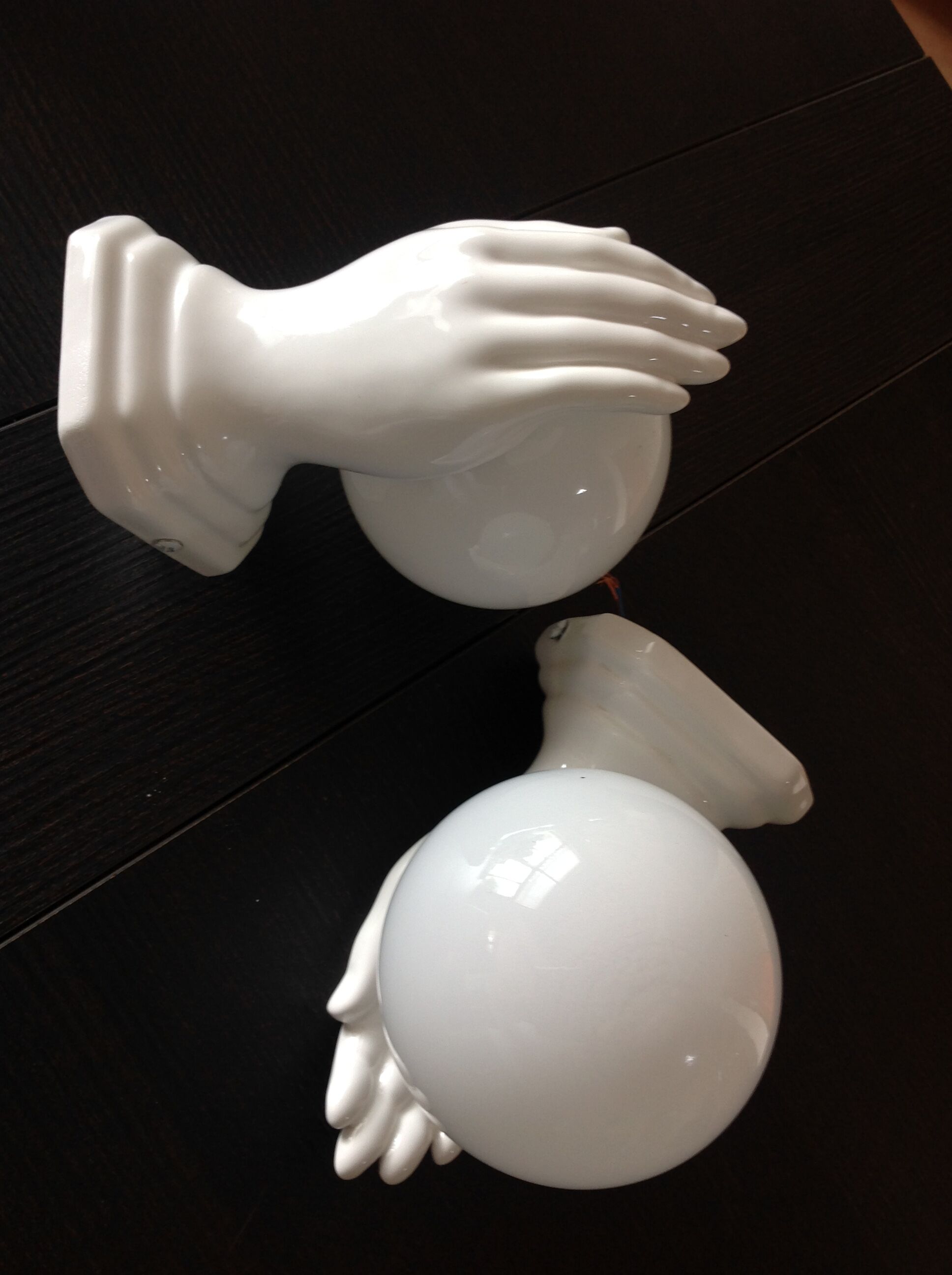 Pair of hand ceramic and opaline wall lamps vintage