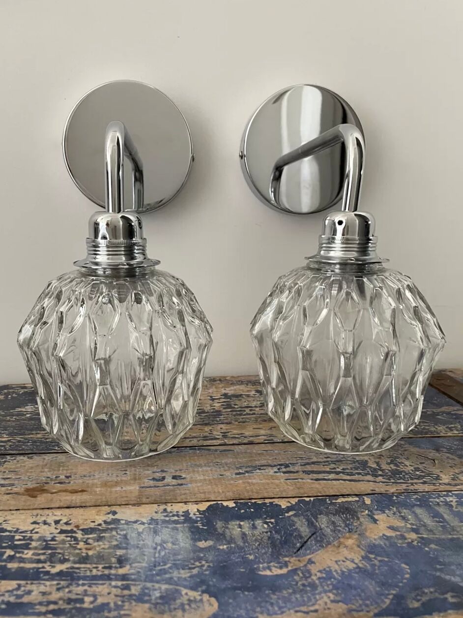 Set of vintage electrified glass wall lamps