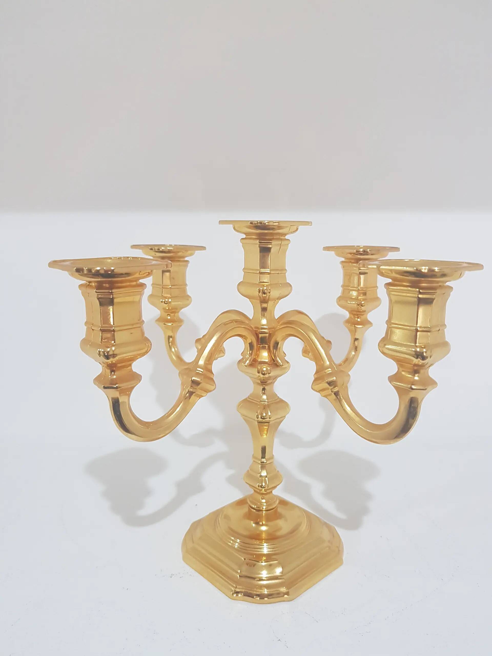 Five-branch chandelier, Hollywood Regency, gilded brass, BMF, Germany, 1960s.