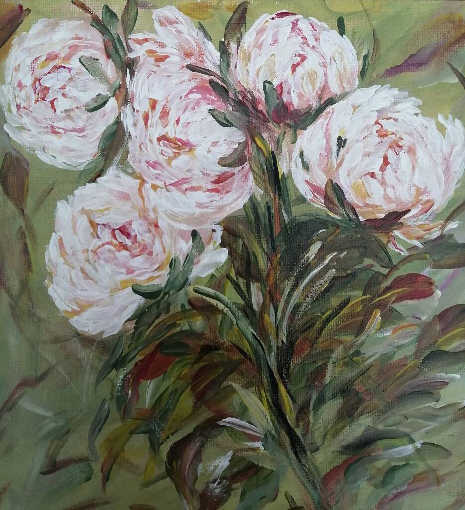 Painting bouquet of flowers, peonies, signed