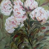 Tableau bouquet de fleurs, pivoines, signé