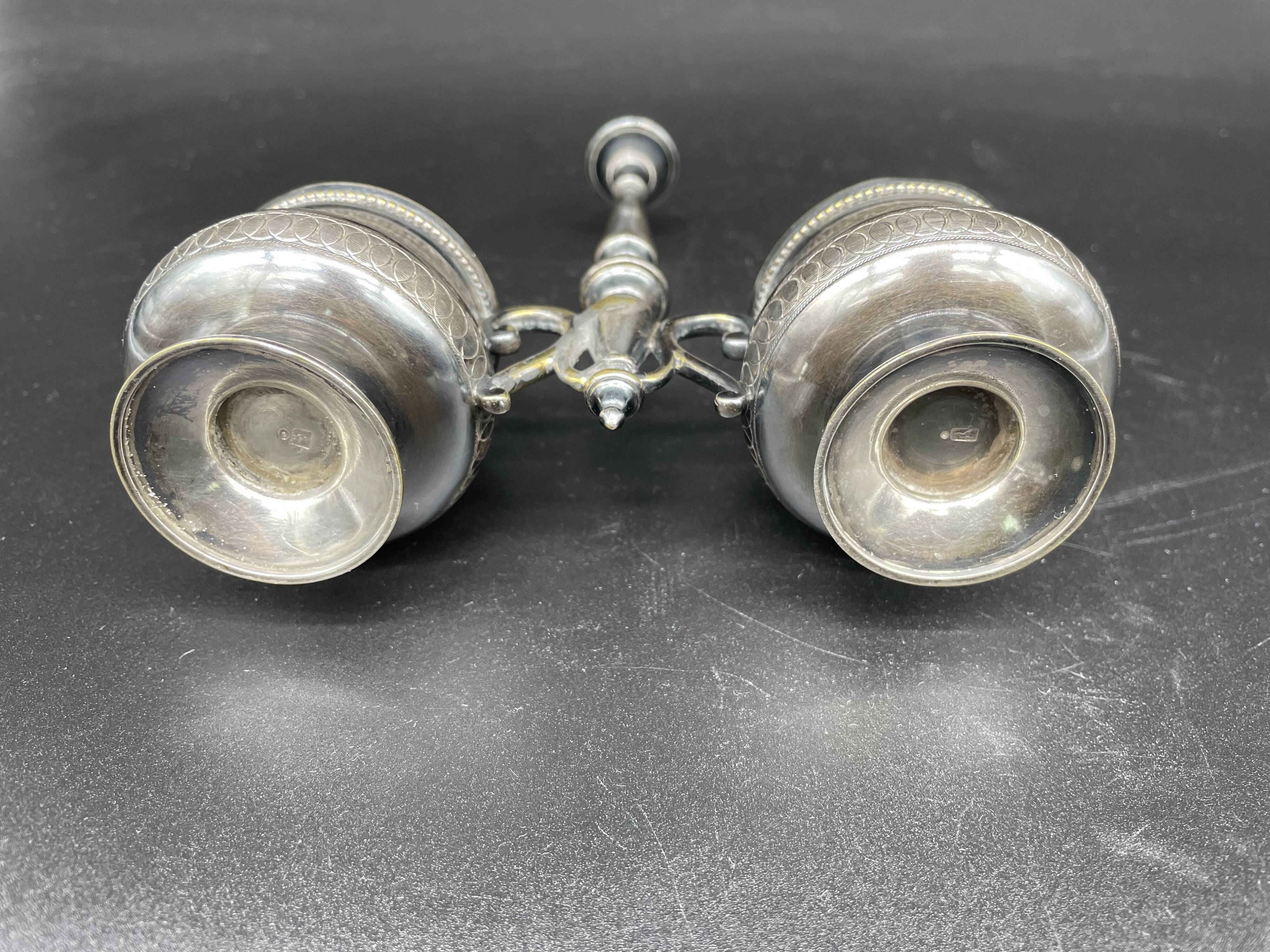 Double salt dish, silver metal, round base, socket, engraved decor, table decoration, chic, hallmark