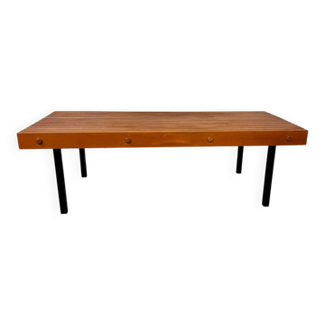 Vintage slatted wood and steel coffee table in the style of Charlotte Perriand, 1960s