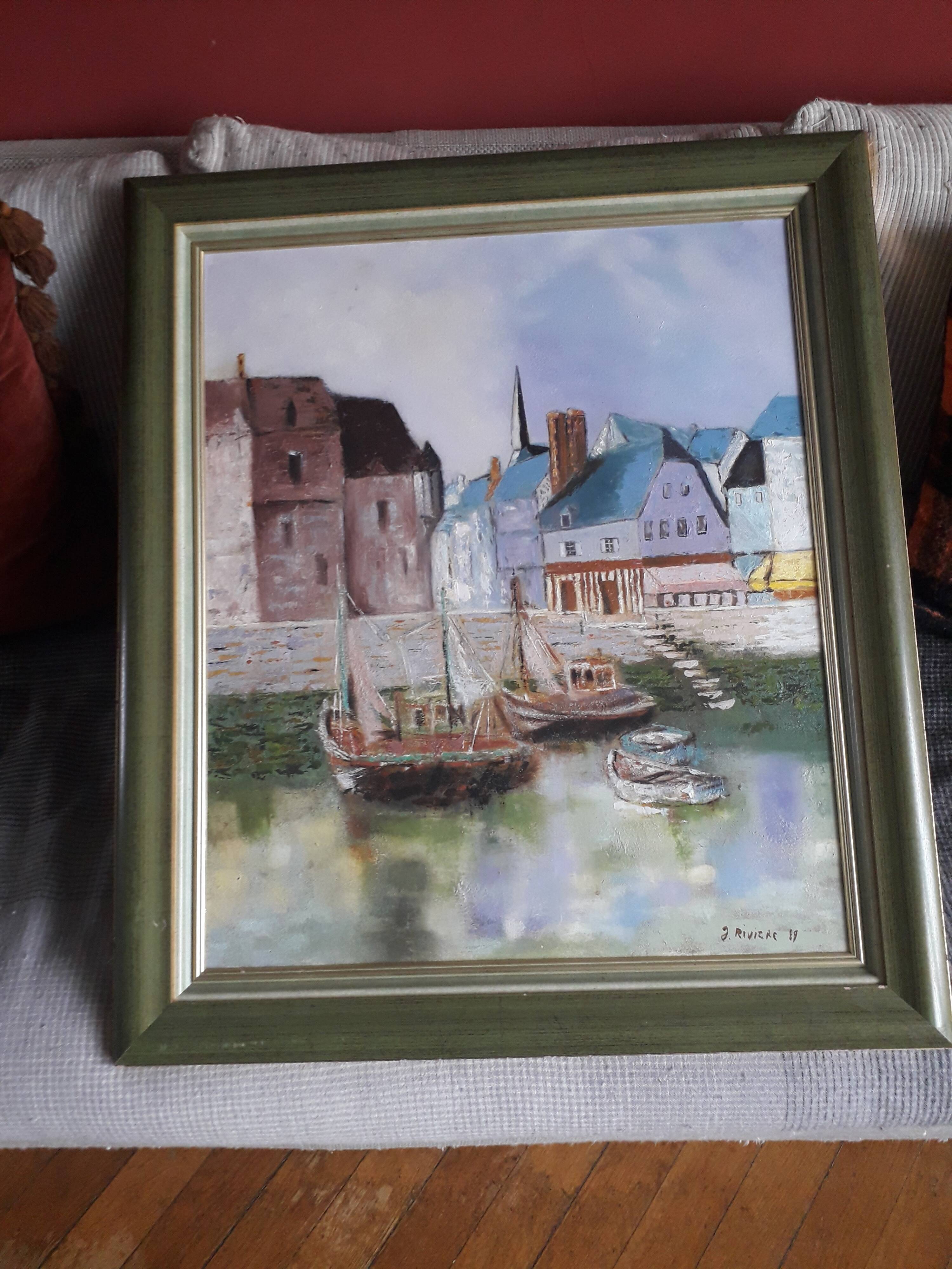 Old oil painting depicting a port