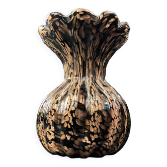 Vase signé en cristal de Murano Venise inclusion or sur fond noir