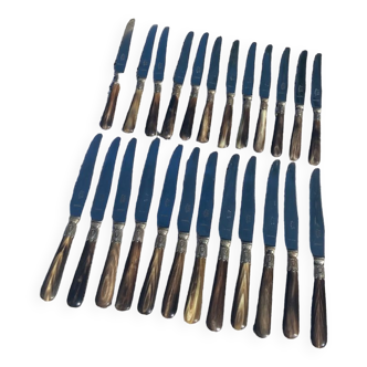 24 old knives with horn handles and silver metal