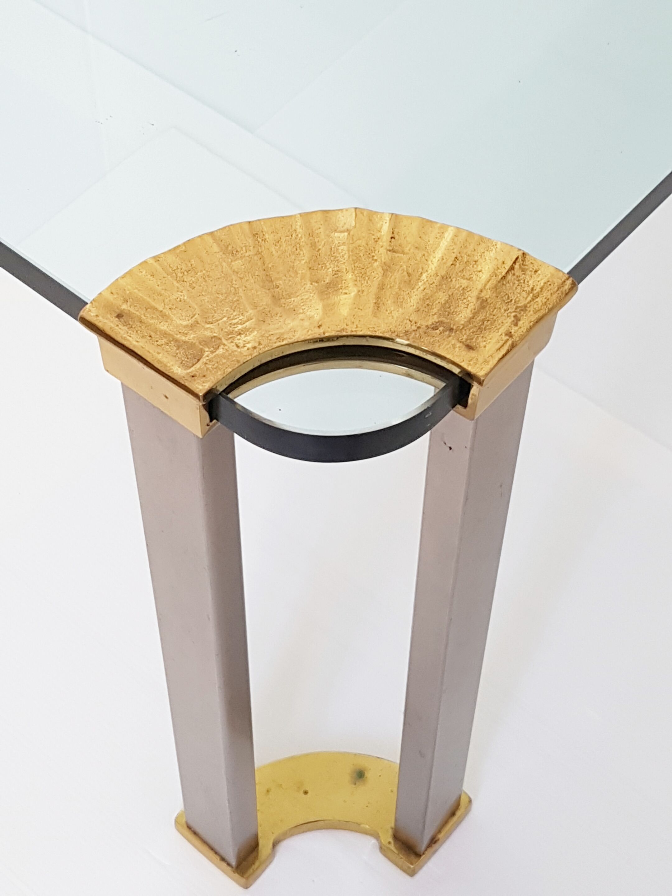 Coffee table glass, solid gold brass and brushed steel vintage seventies 70