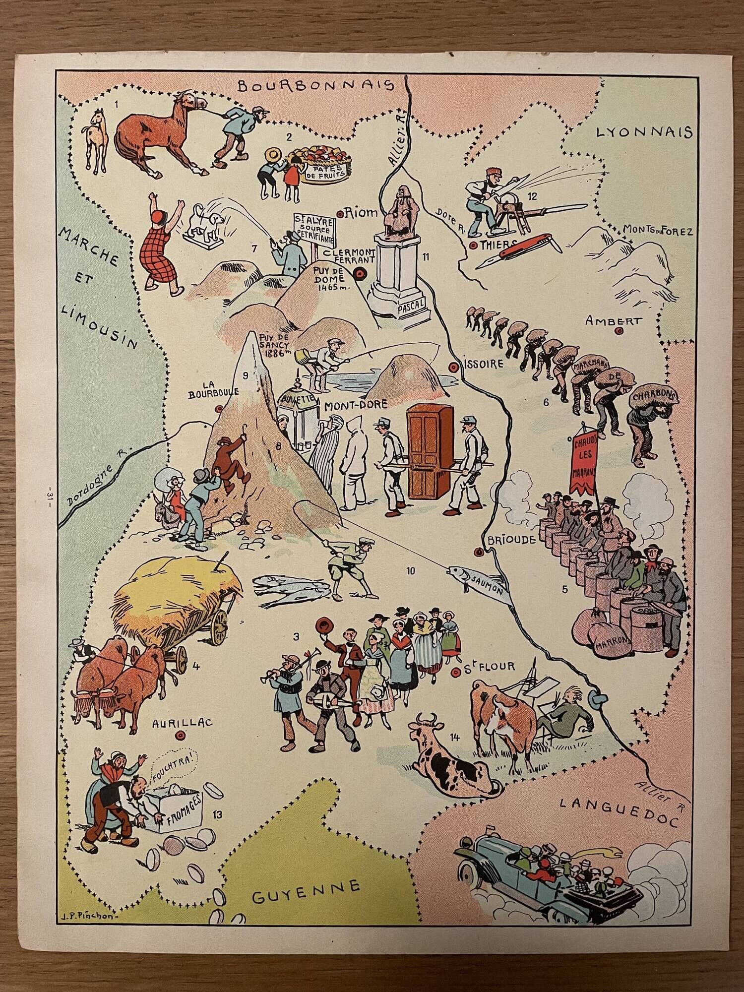 Old illustrated map of Auvergne - JP Pinchon