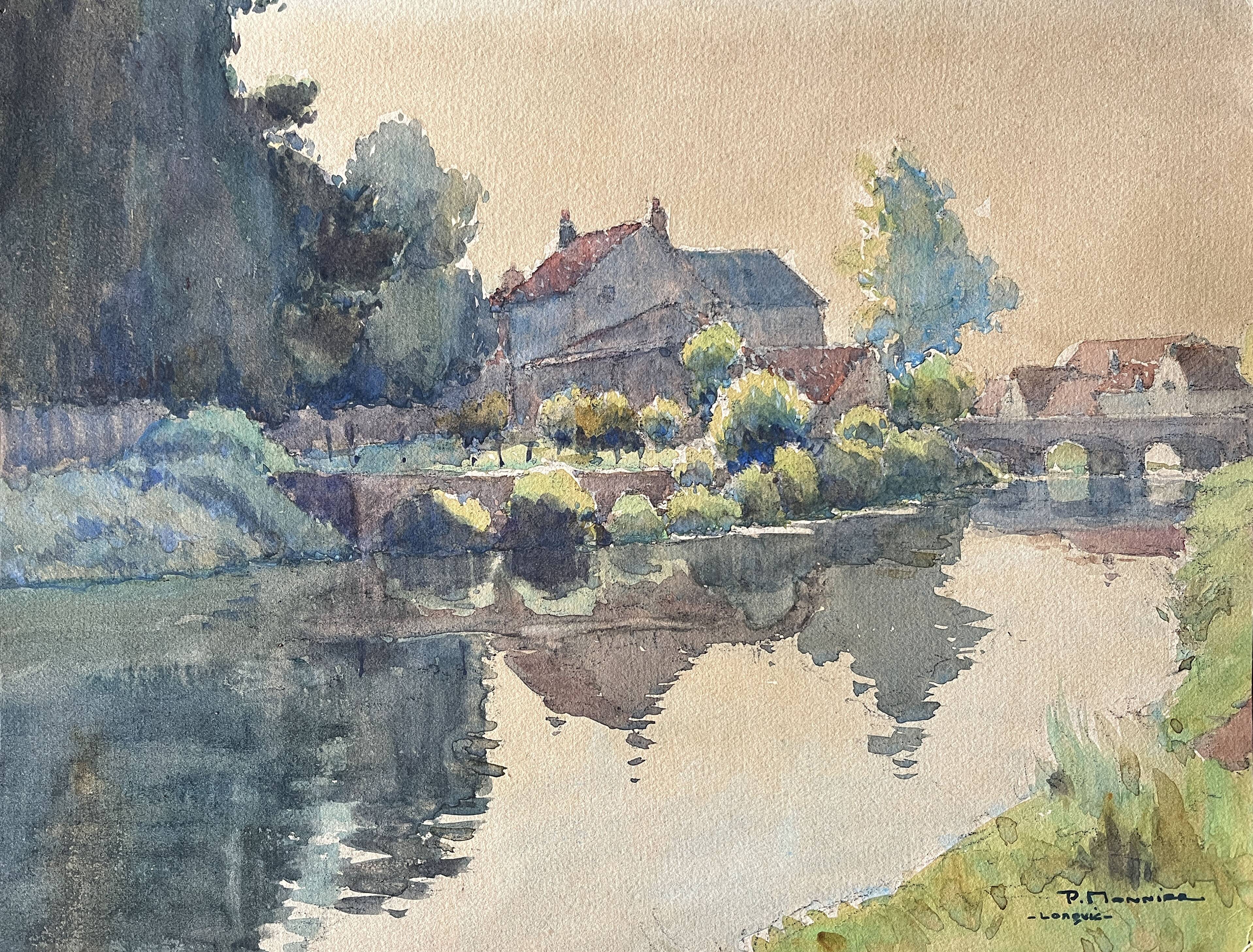 Tableau Aquarelle de Paul Monnier "Longvic" cf. Dijon" vers 1900
