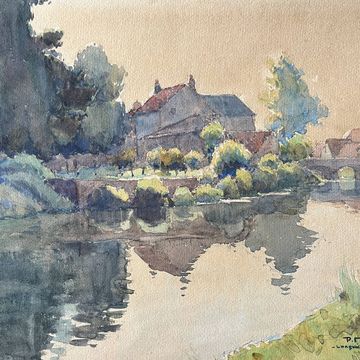 Tableau Aquarelle de Paul Monnier "Longvic" cf. Dijon" vers 1900