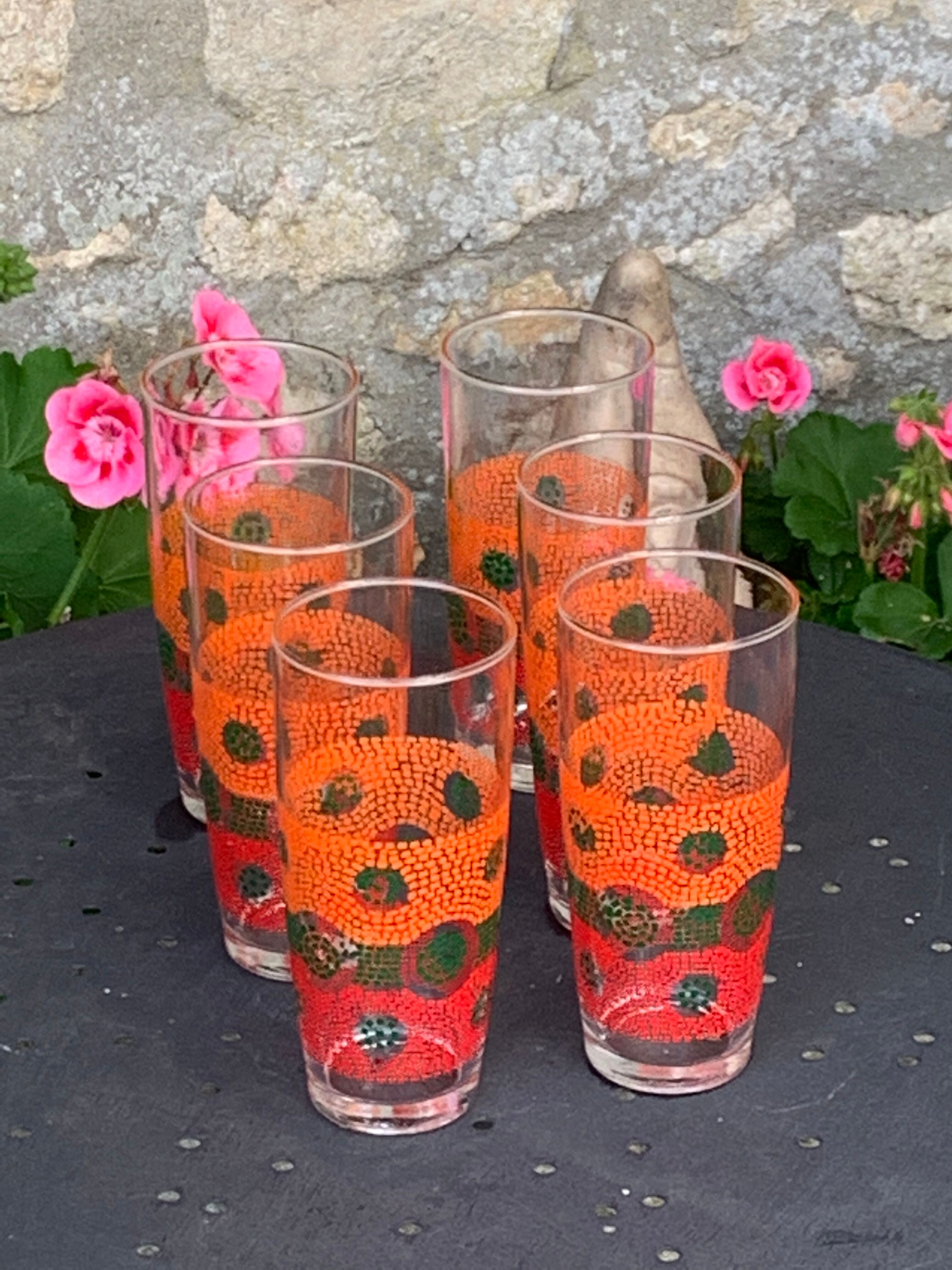 6 glasses to orangeade mosaic orange and green vintage 1970
