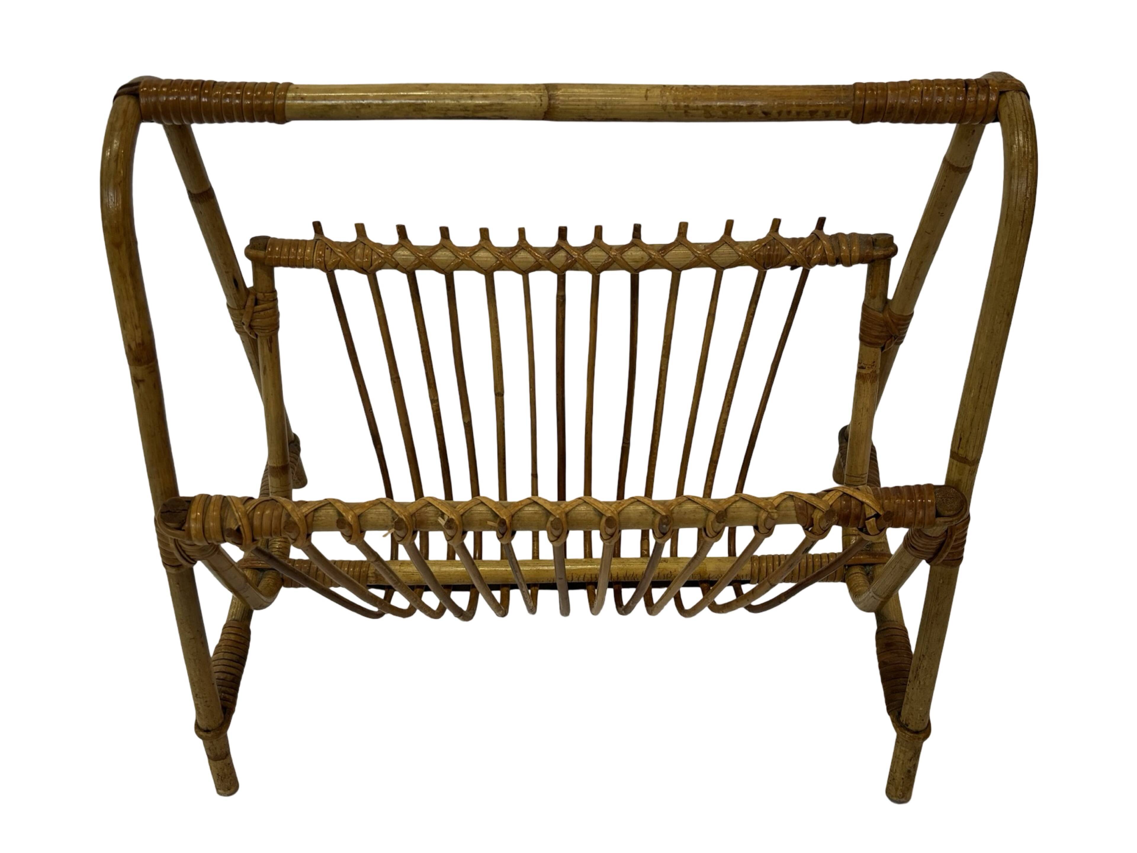 Vintage Rattan Magazine Basket Newspaper Rack 60s Rohe