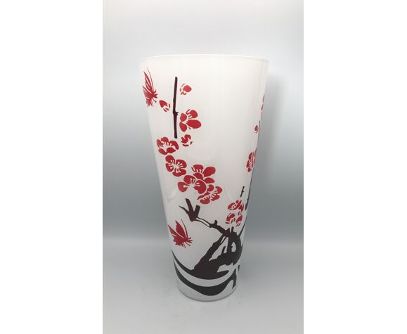 VASE in VERRE painted in a flared shape decorated with butterfly flowers 30  cm | Selency