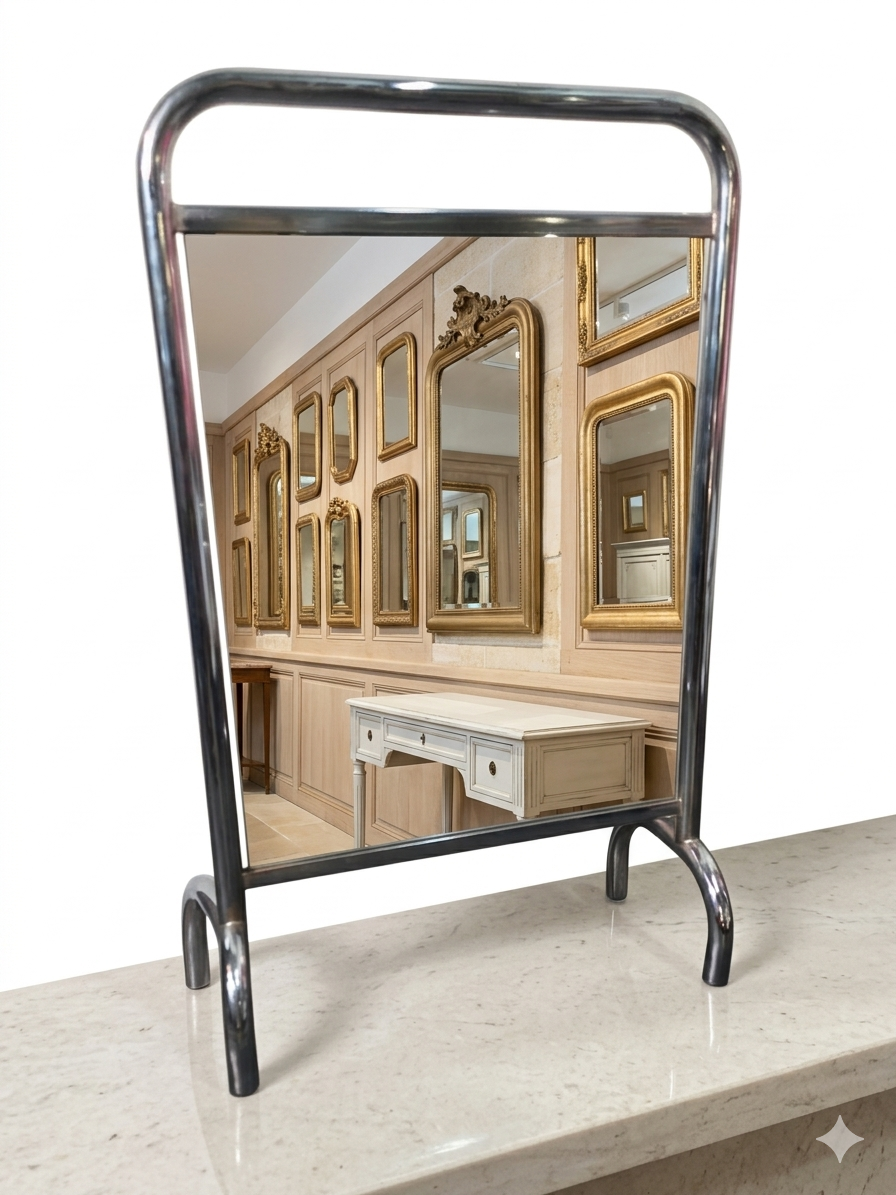 Chrome metal freestanding dressing mirror from the 1970s.
