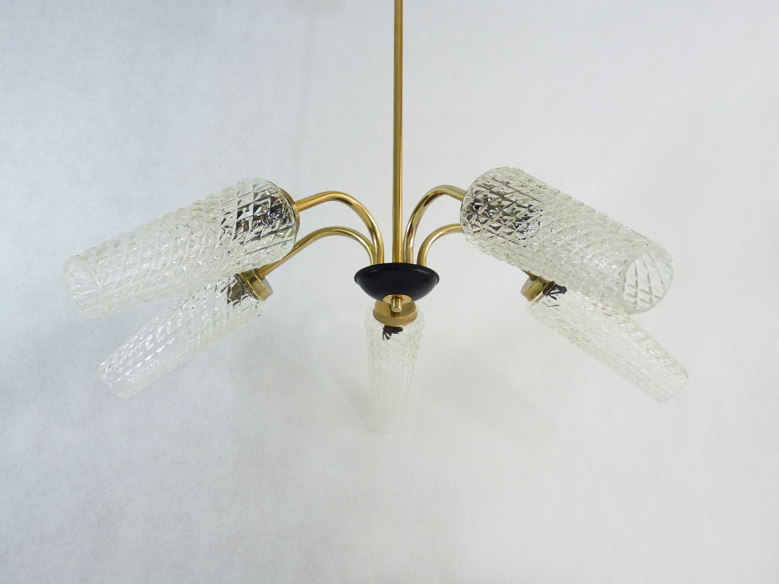 Old 5-branch chandelier, brass and glass tulips, vintage light fixture