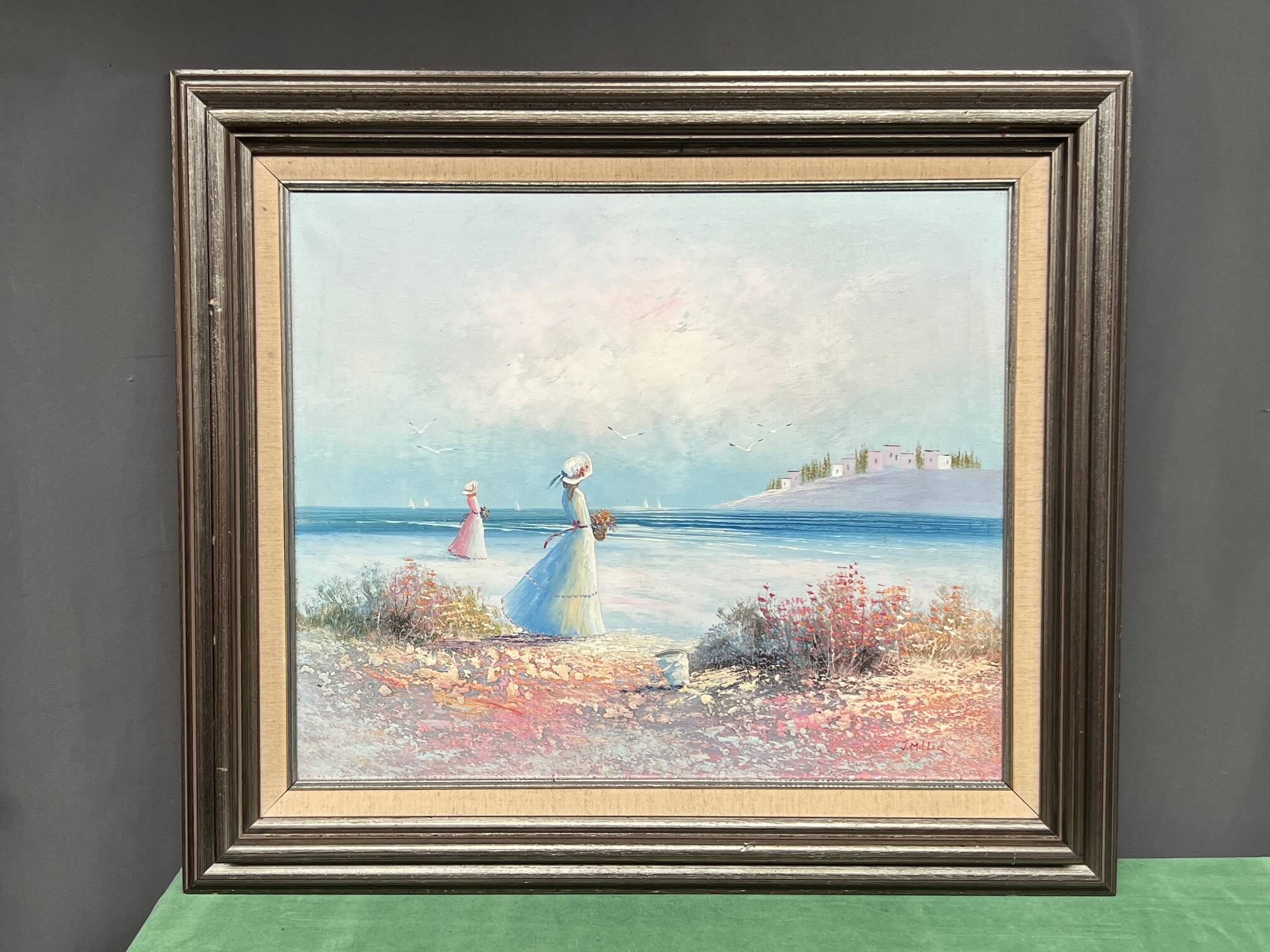 J. Miller. "Riverside Walk." Oil on canvas. Impressionism.
