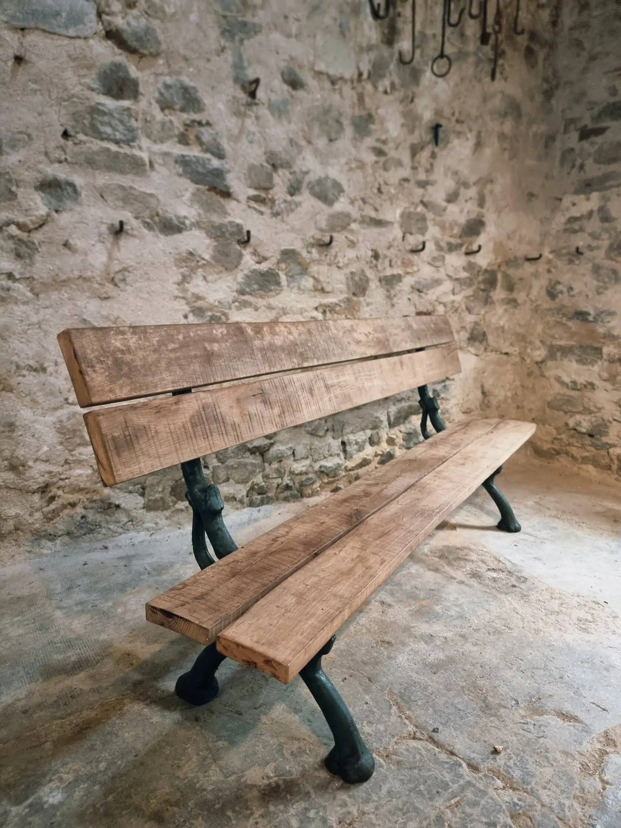 Antique French park bench in cast iron and oak – Sea green patina, 220 cm