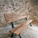 Antique French park bench in cast iron and oak – Sea green patina, 220 cm