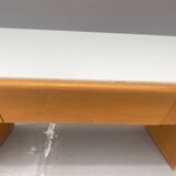 Console basse vintage en bois avec verre opalin, 1960