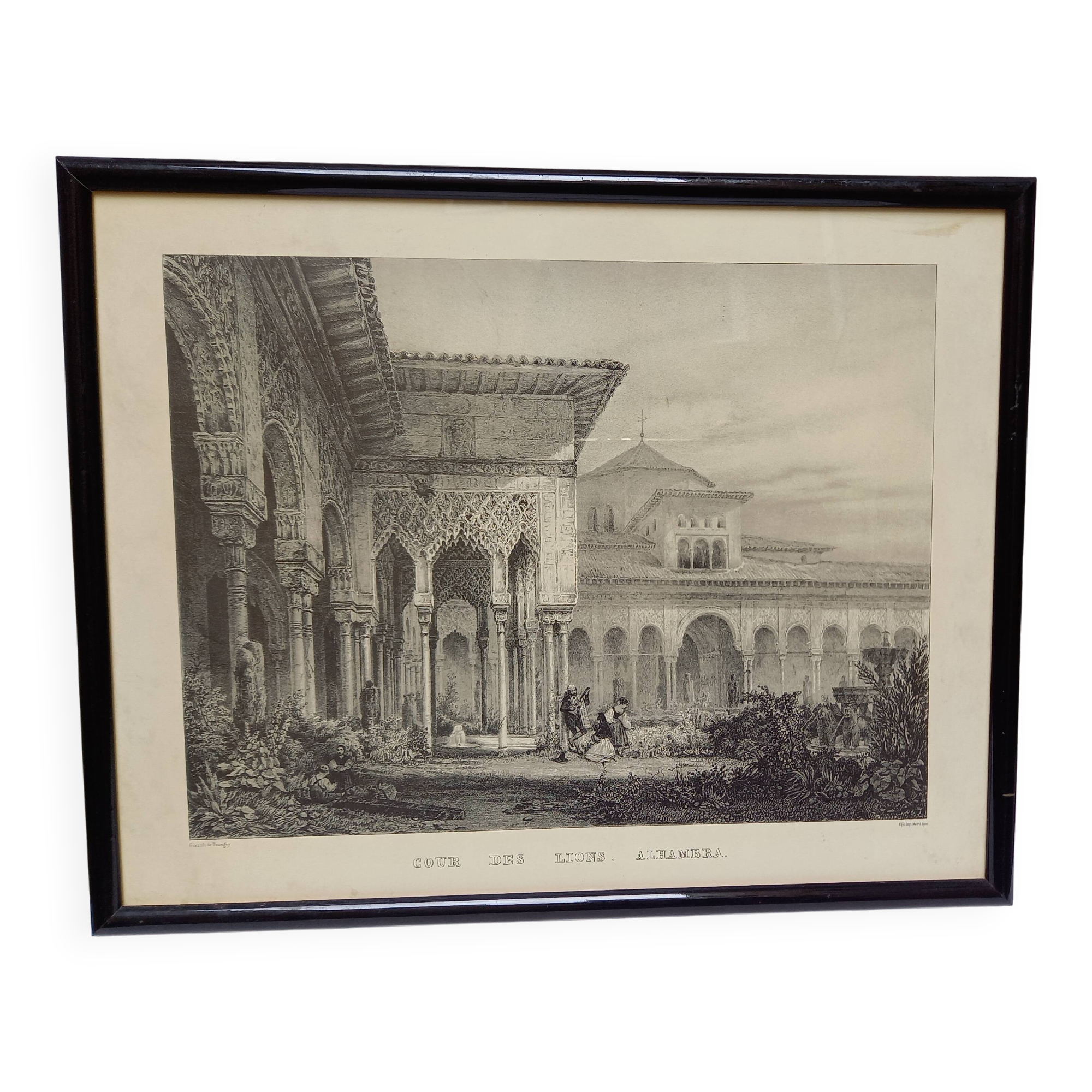 Antique engraving, Court of the Lions, Alhambra, Granada, Spain