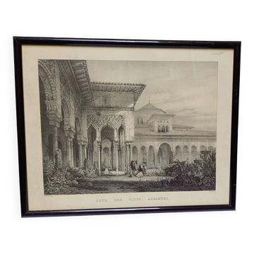 Antique engraving, Court of the Lions, Alhambra, Granada, Spain