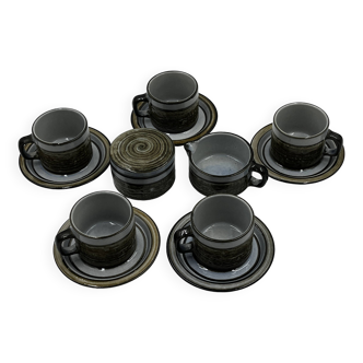 Set of 6 Steinzeug cups, milk jug and sugar bowl