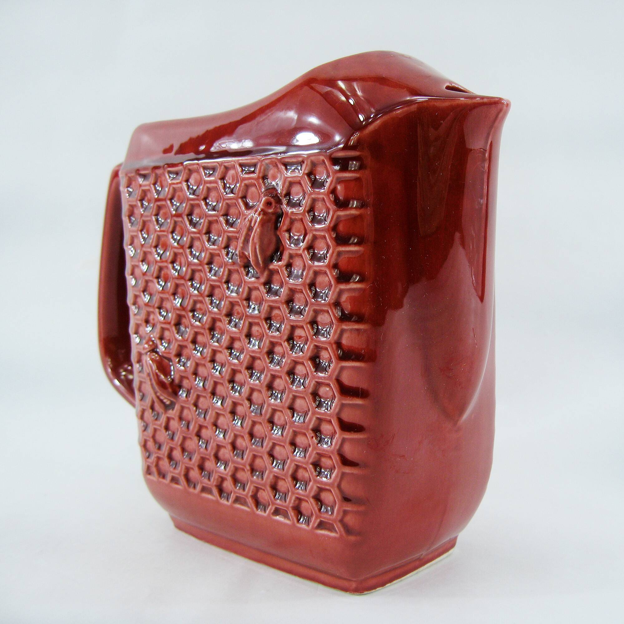 Red ceramic pitcher - bees and honeycombs decor - St Clément France - vintage 60s