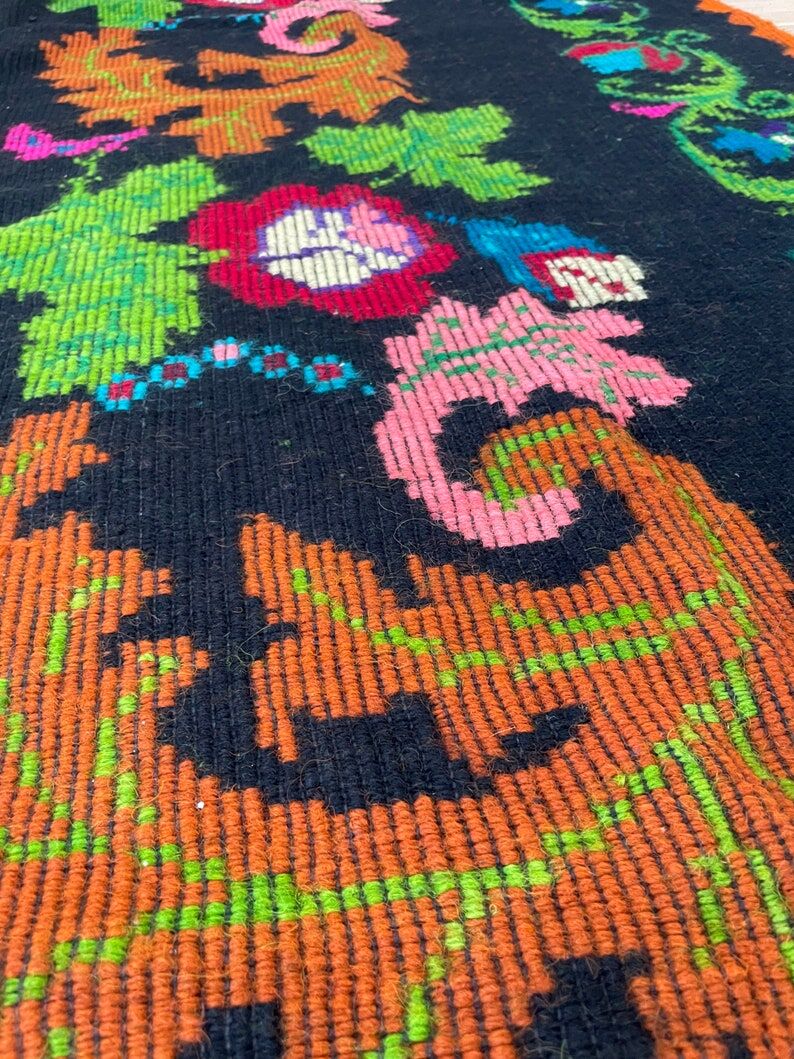 Romanian wool vintage carpet floral design and brown leaves