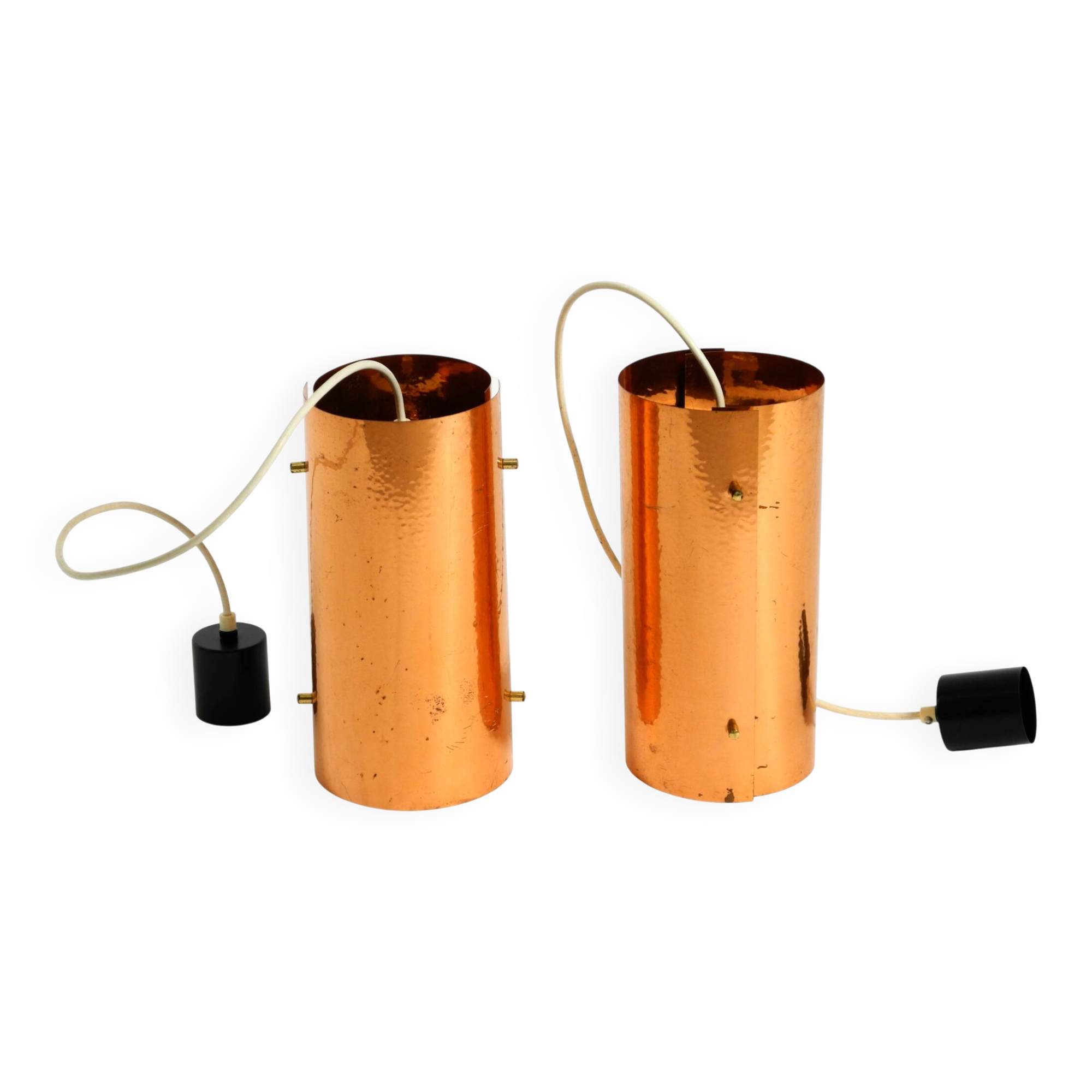 Two 50s tube pendant lamps consisting of two screwed-together copper bowls